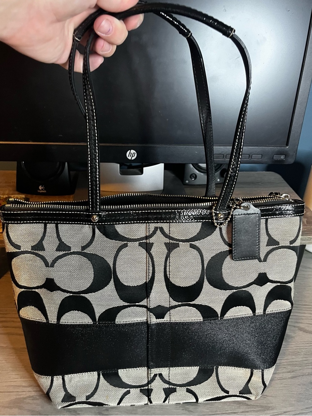 Coach Black and Grey Signature Canvas Tote with Patent Trim and Tag